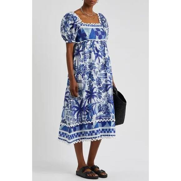 FARM RIO Sweet Rio Midi Dress Small Puff Sleeve Blue Tropical Graphic Print - Picture 7 of 13